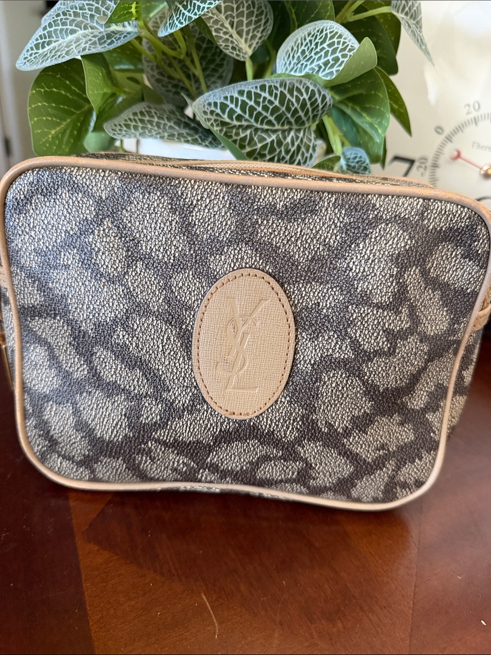 Yves Saint Laurent Gray Patterned Cosmetic Pouch with Beige Trim